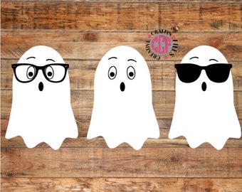 May include: Three white ghosts with different expressions. The ghost on the left is wearing black framed glasses. The ghost in the middle has big eyes and a surprised expression. The ghost on the right is wearing black sunglasses.
