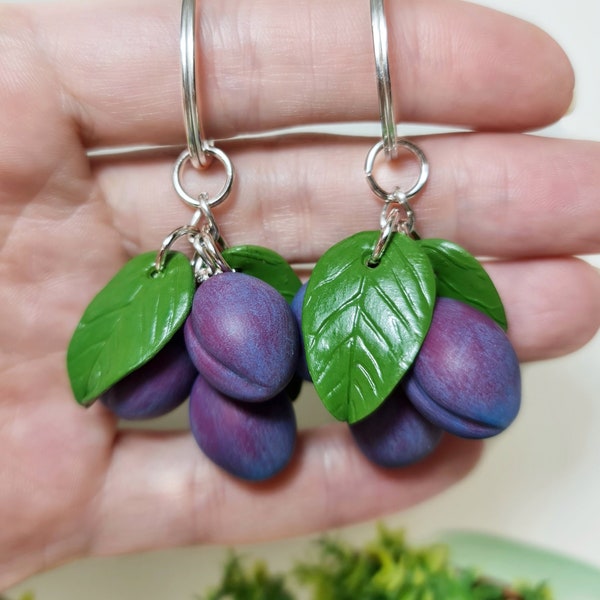 Plum bag charm from polymer clay Fruit keychain Cute plum key ring