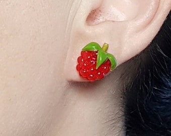 Handmade Miniature Raspberry Stud Earrings, Polymer Clay Jewelry