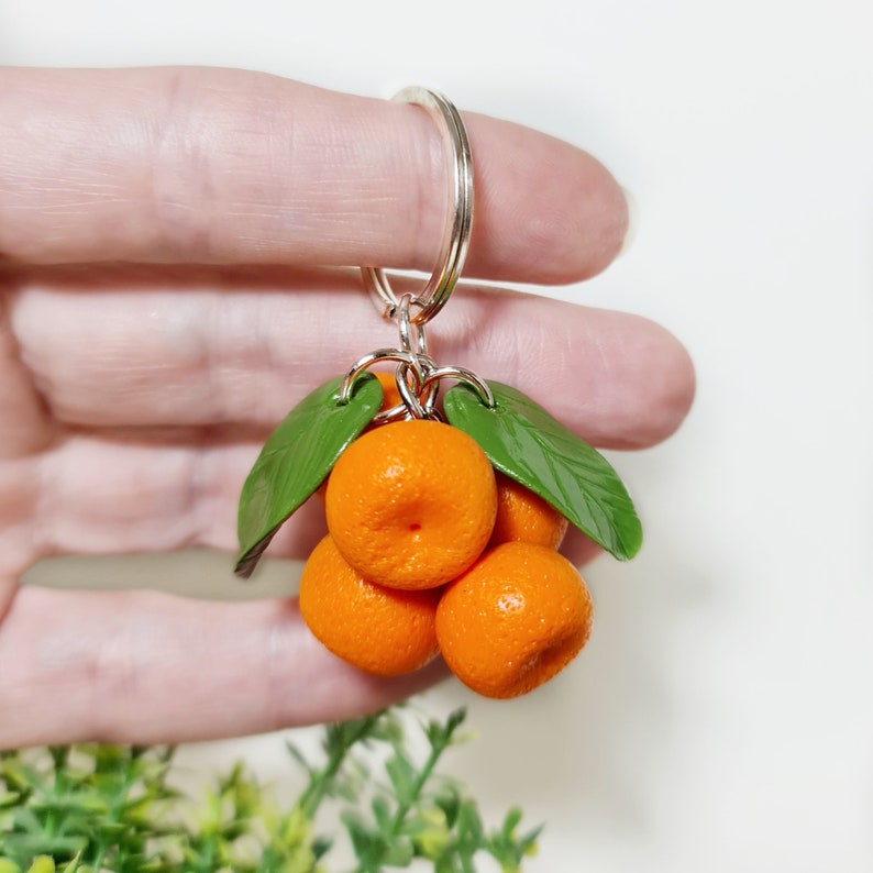 Mandarin bag charm from polymer clay Orange fruit keychain Cute citrus charms image 9