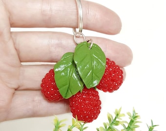 Raspberry keychain from polymer clay Berry bag charm Fruits keychain