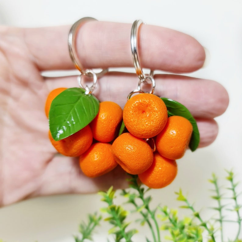 Mandarin bag charm from polymer clay Orange fruit keychain Cute citrus charms image 6