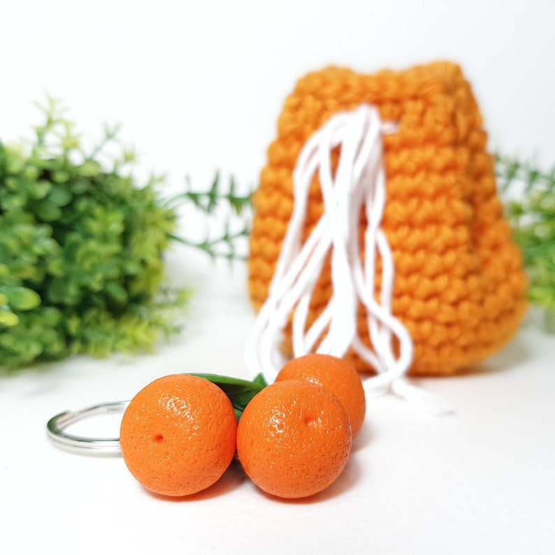 Mandarin bag charm from polymer clay Orange fruit keychain Cute citrus charms image 5