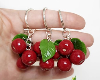 Polymer Clay Cherry Nyckelring, Handgjord Fruktpåse Berlock
