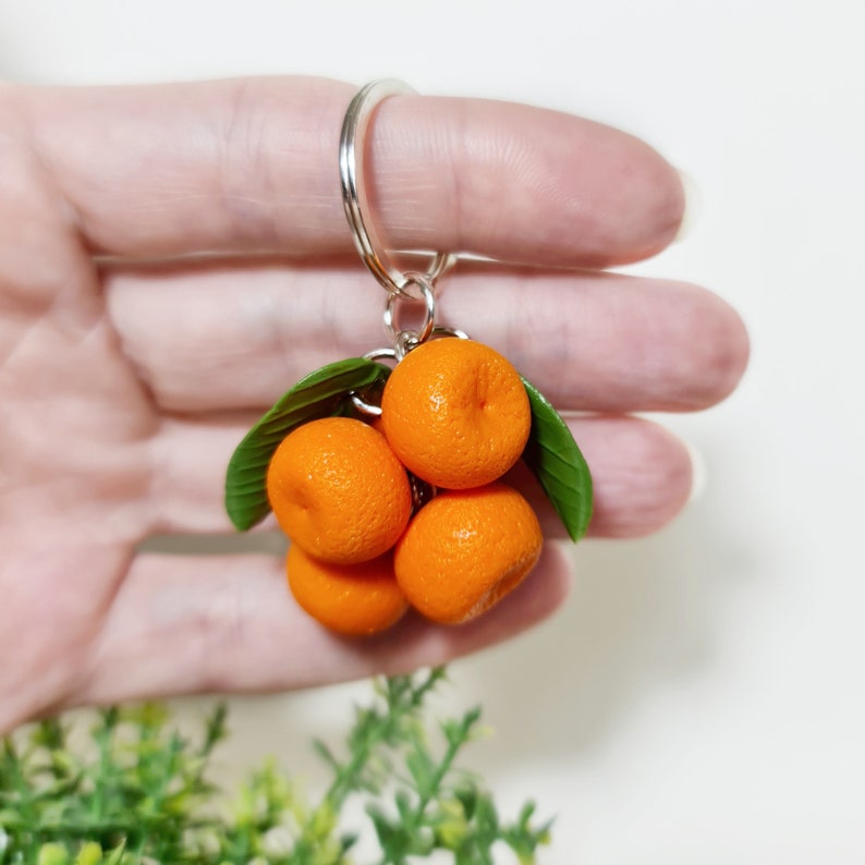 Mandarin bag charm from polymer clay Orange fruit keychain Cute citrus charms image 8