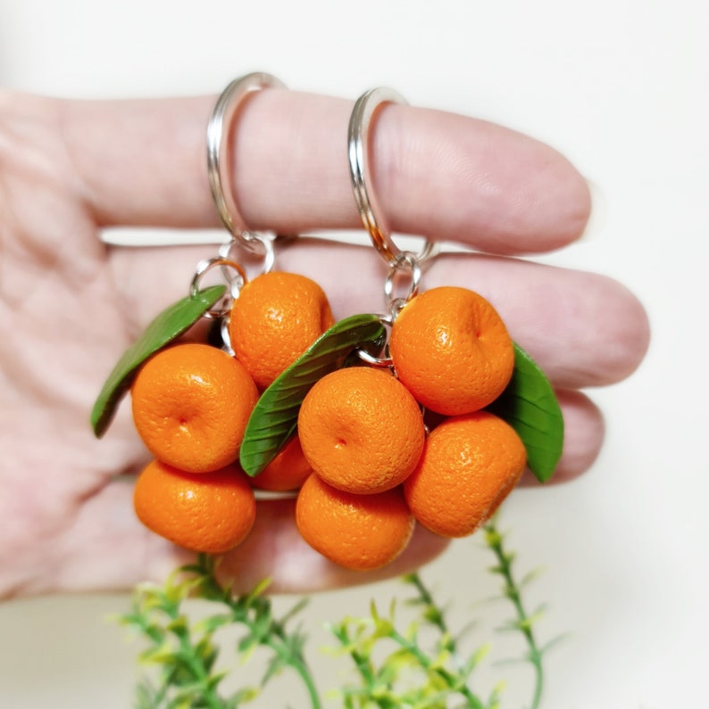 Mandarin bag charm from polymer clay Orange fruit keychain Cute citrus charms image 7