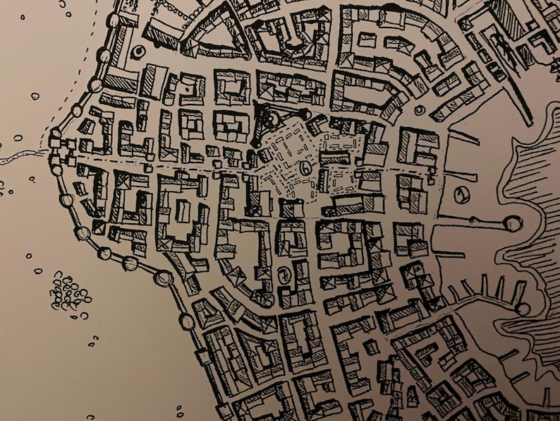 top-down view carthography Fantasy City map Horseshoe Bay art print