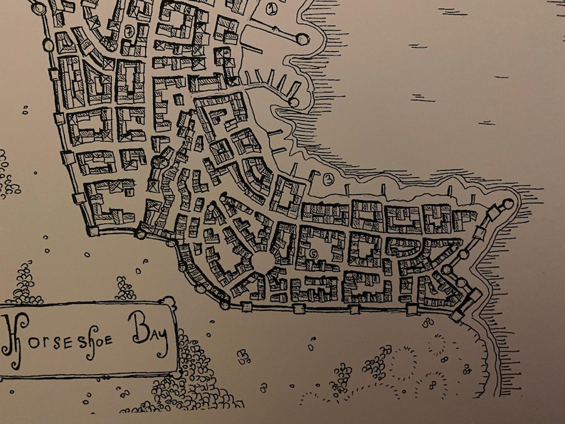 top-down view carthography Fantasy City map Horseshoe Bay art print