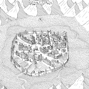 Kaart Bastion, Fantasy Map, Fantasy City, Top-down weergave, Carthografie, Art Print