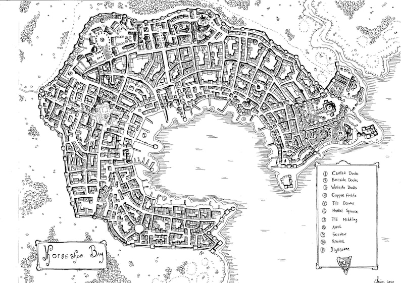 top-down view carthography Fantasy City map Horseshoe Bay art print