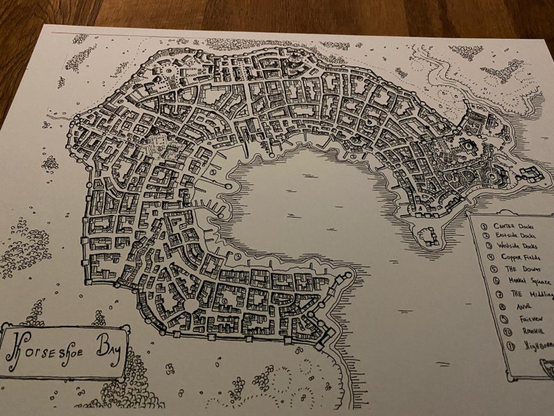 top-down view carthography Fantasy City map Horseshoe Bay art print