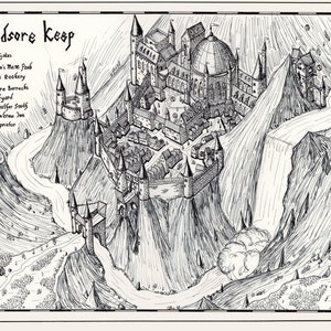 Donjon de Lindsore, ville fantastique, forteresse, impression d'art, affiche d'art, carte de donjons et dragons, carte fantastique, impression de carte fantastique, fabricant de cartes fantastiques