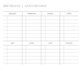 May include: A printable calendar template for birthdays and anniversaries. The calendar is divided into 12 months, with each month having 6 rows for writing in dates.