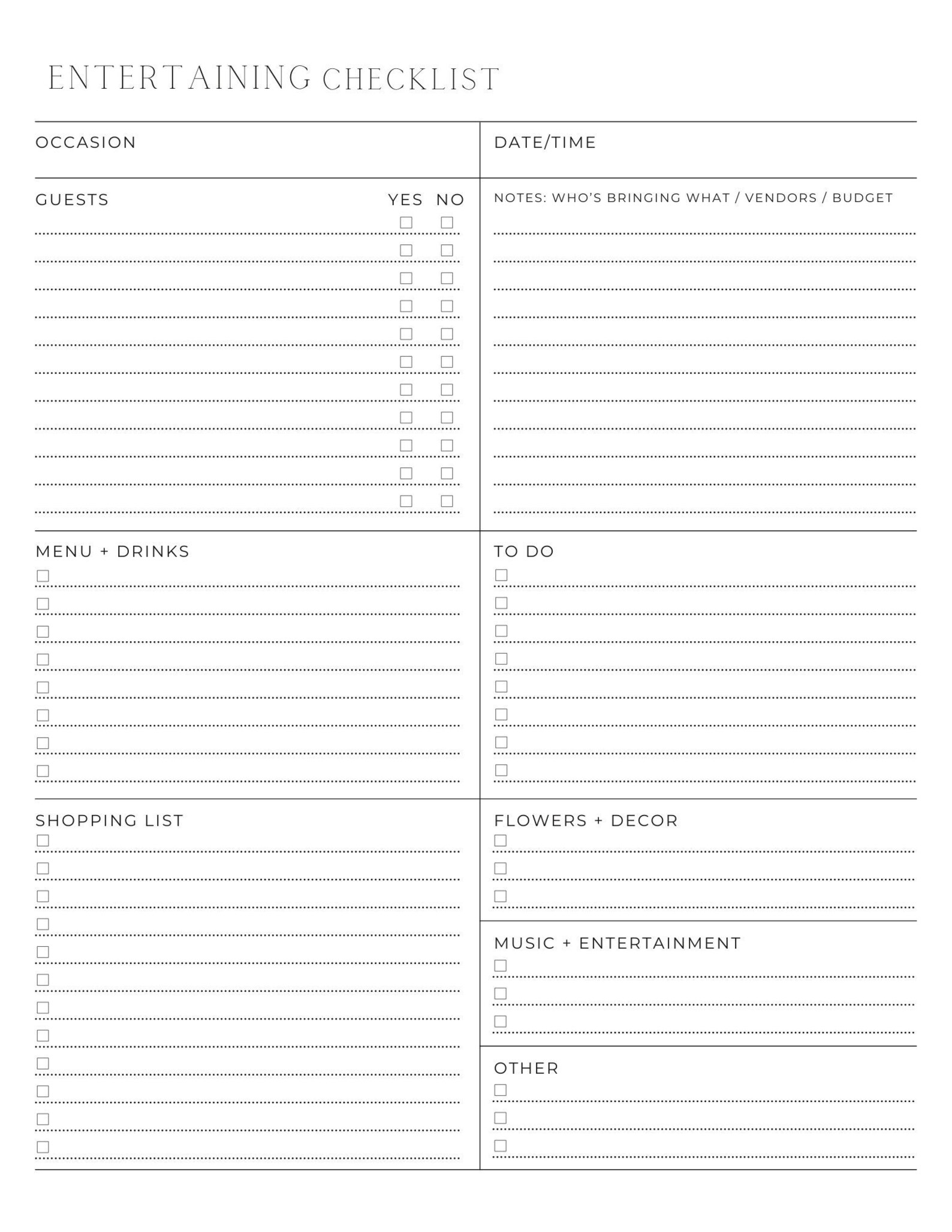 Vertically Checklist Example Entertaining Checklist, 8.5 X 11 Inches, Vertical Printable Planning ...
