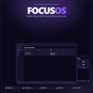 K&ouml;nnte beinhalten: Ein digitales Produktivit&auml;tssystem, FOCUSOS, wird auf einem Laptop und Smartphone angezeigt. Die Oberfl&auml;che ist dunkelviolett mit wei&szlig;em Text. Der Text lautet "ADHD-FRIENDLY PRODUCTIVITY SYSTEM" und "One file. Six tools. Built for how your brain actually works."