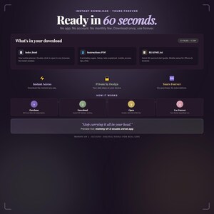 May include: A digital download page with a dark purple gradient background. The text reads "Ready in 60 seconds" and includes information about the download process, including "index.html", "Instructions PDF", and "README.txt".