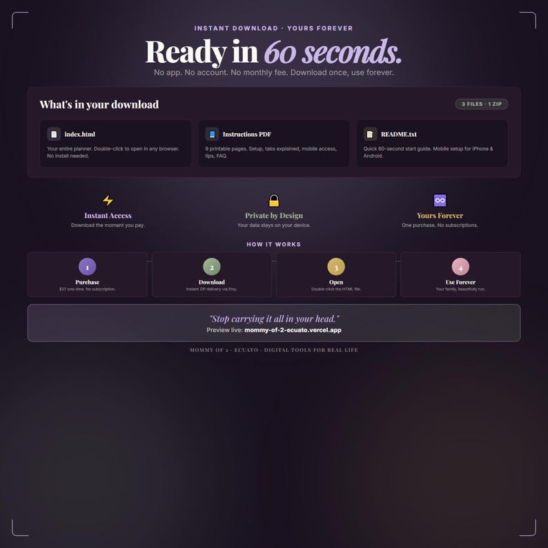 May include: A digital download page with a dark purple gradient background. The text reads "Ready in 60 seconds" and includes information about the download process, including "index.html", "Instructions PDF", and "README.txt".