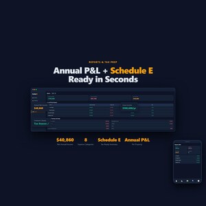 May include: A dark blue graphic with the text "Annual P&L + Schedule E Ready in Seconds." The image shows a computer screen and a mobile phone screen displaying financial data. The screen shows the text "&pound;40,860" and "&pound;108,600/yr."