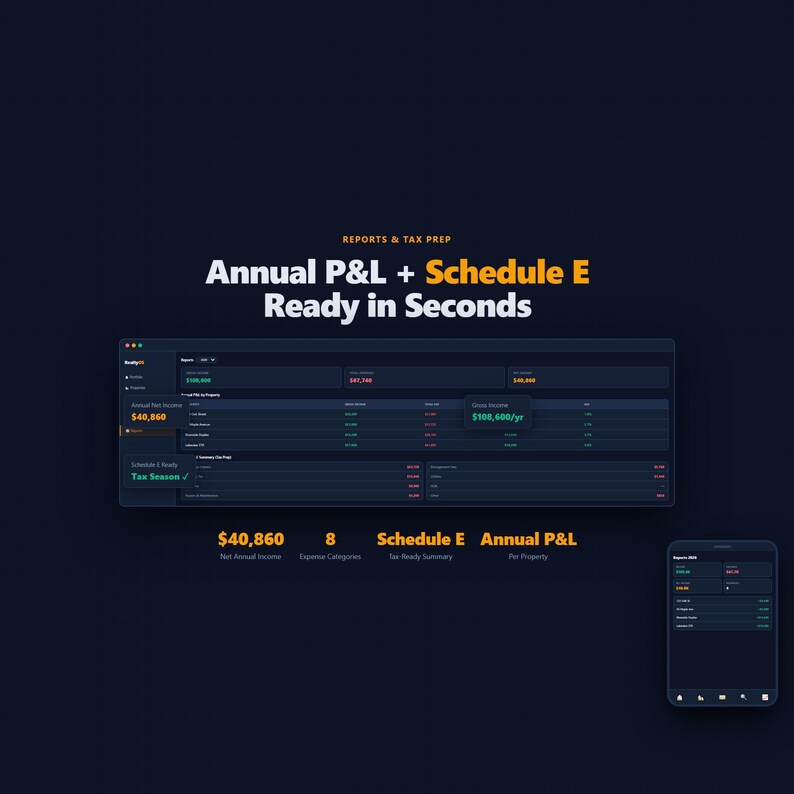 May include: A dark blue graphic with the text "Annual P&L + Schedule E Ready in Seconds." The image shows a computer screen and a mobile phone screen displaying financial data. The screen shows the text "&pound;40,860" and "&pound;108,600/yr."