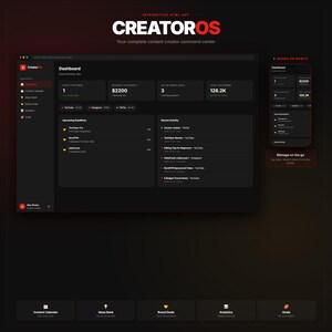 Peut inclure: Interface de tableau de bord sombre pour cr&eacute;ateurs de contenu, affichant des indicateurs tels que les publications, les revenus, les offres de marque et les abonn&eacute;s. L'interface comprend le texte "CREATOROS" et "Votre centre de commande complet pour cr&eacute;ateurs de contenu".