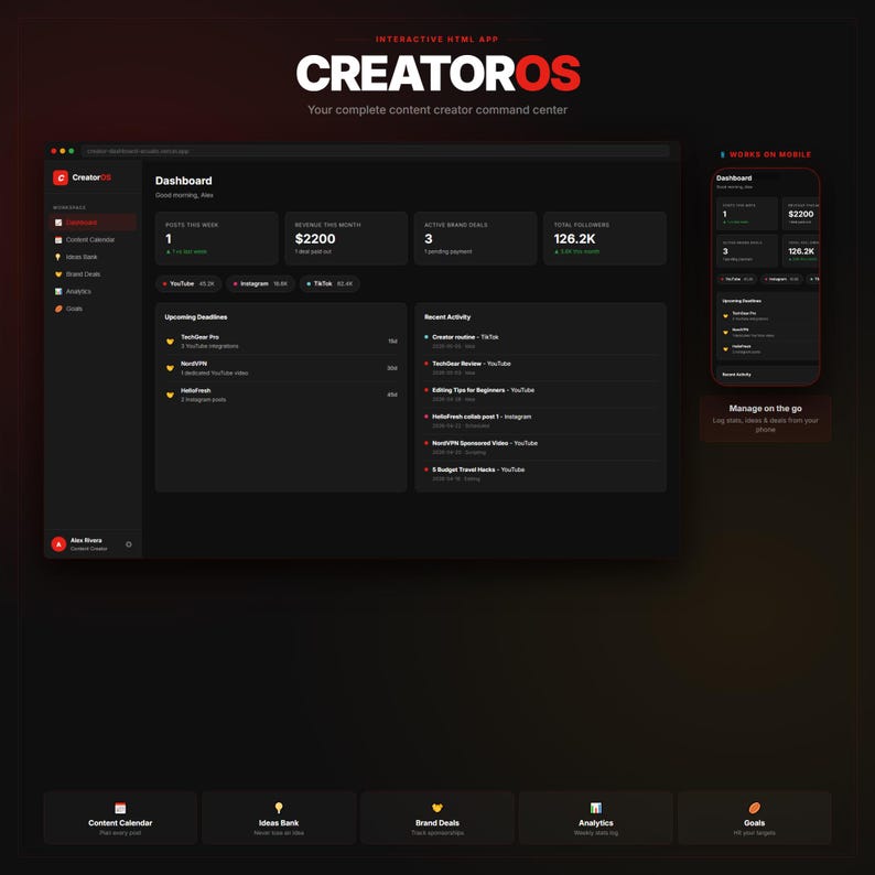 Peut inclure: Interface de tableau de bord sombre pour cr&eacute;ateurs de contenu, affichant des indicateurs tels que les publications, les revenus, les offres de marque et les abonn&eacute;s. L'interface comprend le texte "CREATOROS" et "Votre centre de commande complet pour cr&eacute;ateurs de contenu".
