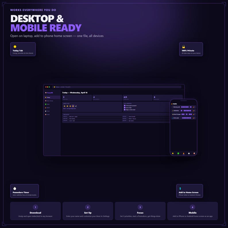 K&ouml;nnte beinhalten: Dunkelviolette Grafik mit dem Text "DESKTOP & MOBILE READY" und "WORKS EVERYWHERE YOU DO". Das Bild zeigt einen Laptop und ein Mobiltelefon, die dieselbe Benutzeroberfl&auml;che anzeigen. Die Benutzeroberfl&auml;che hat ein dunkelviolettes Farbschema.