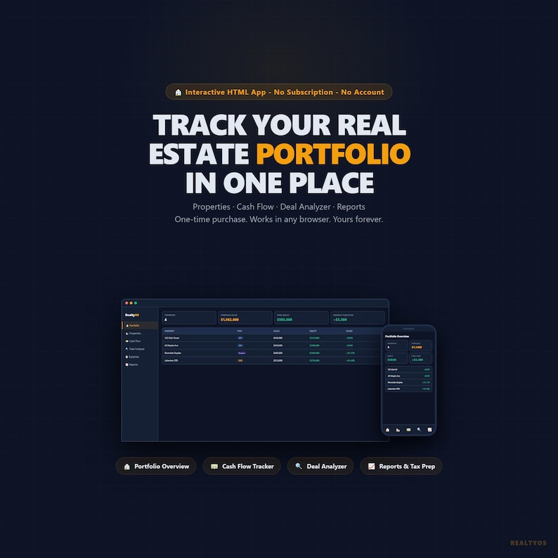 May include: Dark blue graphic promoting a real estate portfolio tracking app. Text reads "Track Your Real Estate Portfolio In One Place." Includes a laptop and smartphone displaying the app interface. Features include portfolio overview, cash flow tracker, deal analyser, and reports.