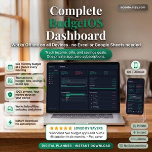May include: A laptop and smartphone display a budgeting dashboard interface. The screen shows financial data with the text "Complete BudgetOS Dashboard." Additional text highlights features like offline use, private access, and instant download. The image includes the text "Loved by Savers."