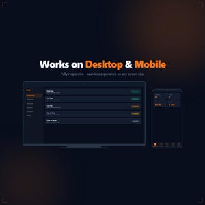 Op de afbeelding: Een donkerblauwe digitale interface weergegeven op een desktopmonitor en een smartphone. De tekst "Works on Desktop & Mobile" staat boven de apparaten. De smartphone toont gewichts- en tijdmetingen. De desktop toont trainingsroutines.