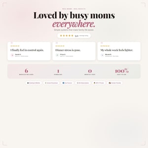 K&ouml;nnte beinhalten: Eine Werbegrafik mit dem Text "Loved by busy moms everywhere." Das Bild enth&auml;lt Kundenbewertungen, Sternebewertungen und Details zum Produkt, wie z. B. die Anzahl der Module, Downloads und die Benutzerfreundlichkeit.