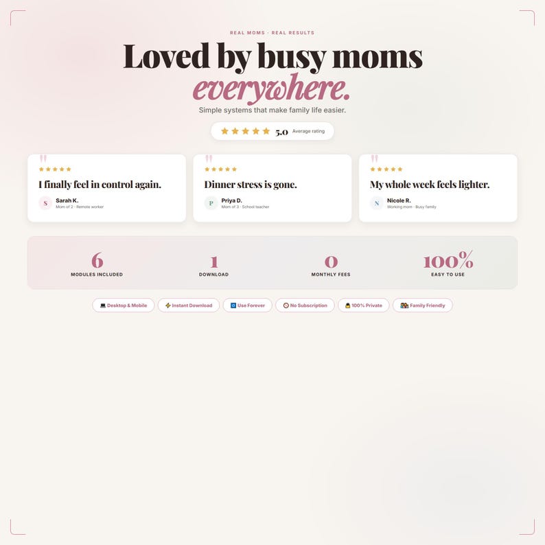 K&ouml;nnte beinhalten: Eine Werbegrafik mit dem Text "Loved by busy moms everywhere." Das Bild enth&auml;lt Kundenbewertungen, Sternebewertungen und Details zum Produkt, wie z. B. die Anzahl der Module, Downloads und die Benutzerfreundlichkeit.