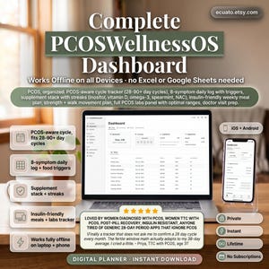 May include: A digital planner displayed on a laptop and smartphone, labeled "Complete PCOSWellnessOS Dashboard." Features include a PCOS-aware cycle tracker, 8-symptom log, supplement tracking, and insulin-friendly meal planning. The text "Digital Planner - Instant Download" is also visible.