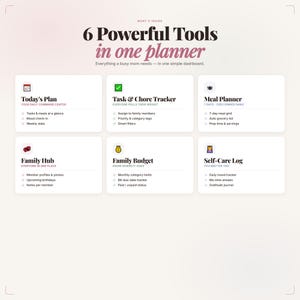 K&ouml;nnte beinhalten: Ein Planer mit sechs Tools: Tagesplan, Aufgaben- und Chore Tracker, Essensplaner, Familien-Hub, Familienbudget und Selbstpflege-Protokoll. Der Text lautet "6 leistungsstarke Tools in einem Planer" und "Alles, was eine vielbesch&auml;ftigte Mutter braucht".