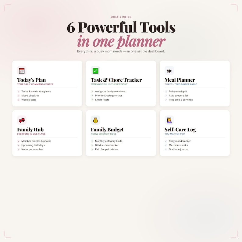 K&ouml;nnte beinhalten: Ein Planer mit sechs Tools: Tagesplan, Aufgaben- und Chore Tracker, Essensplaner, Familien-Hub, Familienbudget und Selbstpflege-Protokoll. Der Text lautet "6 leistungsstarke Tools in einem Planer" und "Alles, was eine vielbesch&auml;ftigte Mutter braucht".