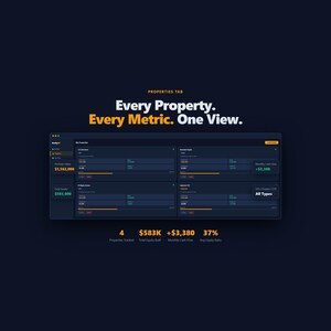 May include: A dark blue digital interface displays real estate data, including property values, equity, and cash flow. The text reads "Every Property. Every Metric. One View." Key metrics are highlighted, such as &pound;1,562,000 and &pound;583,000.