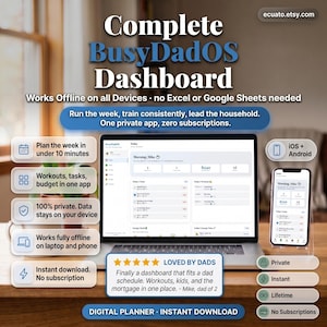 May include: A digital planner advertisement featuring a laptop and smartphone displaying a dashboard interface. The text highlights features like offline use, workout tracking, and budget management. The product is described as a digital planner for busy dads.