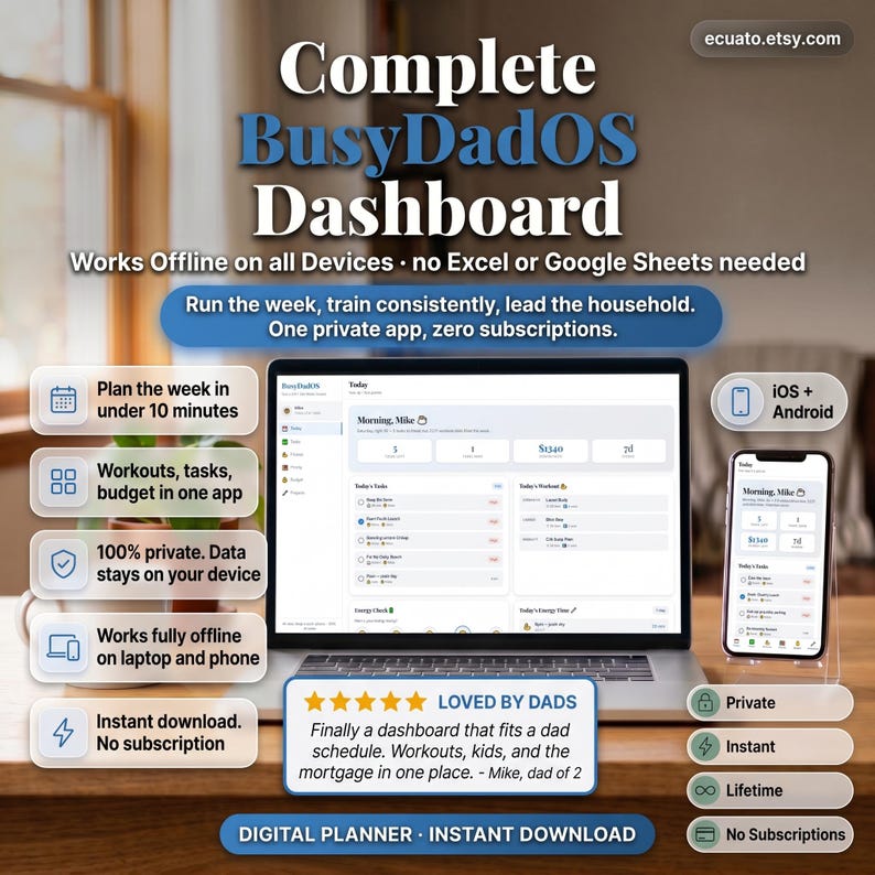 May include: A digital planner advertisement featuring a laptop and smartphone displaying a dashboard interface. The text highlights features like offline use, workout tracking, and budget management. The product is described as a digital planner for busy dads.