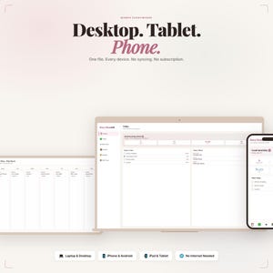K&ouml;nnte beinhalten: Eine digitale Planungs-Oberfl&auml;che, die auf einem Laptop, Tablet und Smartphone angezeigt wird. Der Text "Desktop. Tablet. Phone." steht oben, mit dem Slogan "Eine Datei. Jedes Ger&auml;t. Keine Synchronisierung. Kein Abonnement." Die Oberfl&auml;che ist hell und hat ein klares Design.