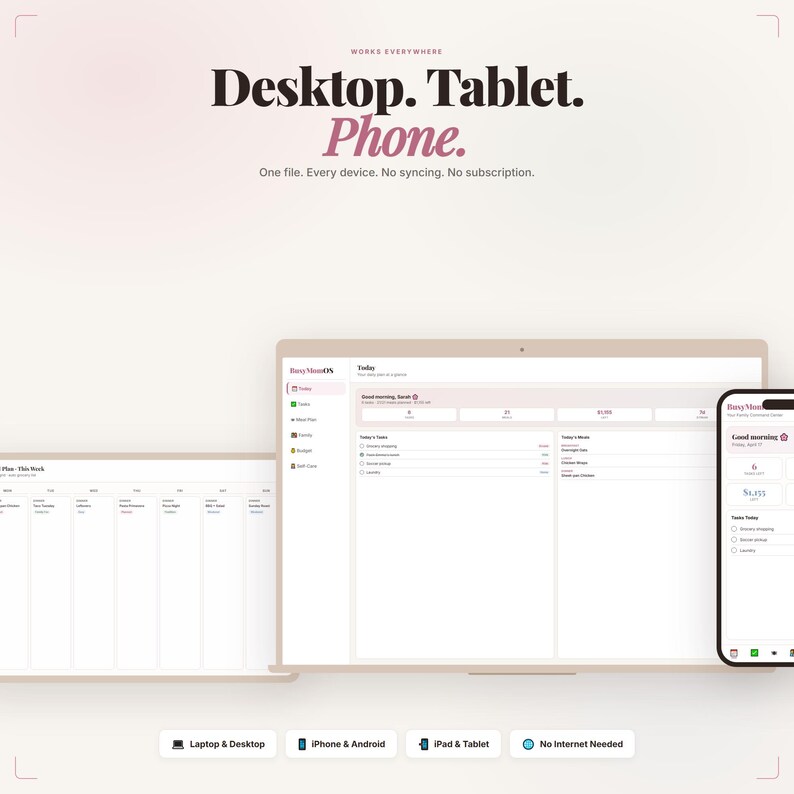 K&ouml;nnte beinhalten: Eine digitale Planungs-Oberfl&auml;che, die auf einem Laptop, Tablet und Smartphone angezeigt wird. Der Text "Desktop. Tablet. Phone." steht oben, mit dem Slogan "Eine Datei. Jedes Ger&auml;t. Keine Synchronisierung. Kein Abonnement." Die Oberfl&auml;che ist hell und hat ein klares Design.
