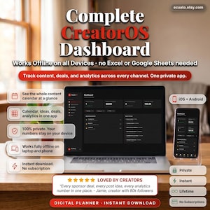 Op de afbeelding: Een laptop en smartphone tonen de interface "Complete CreatorOS Dashboard". De afbeelding benadrukt functies zoals offline functionaliteit, contentkalender, analyses en direct downloaden. De tekst vermeldt ook dat de app privé is en op alle apparaten werkt.