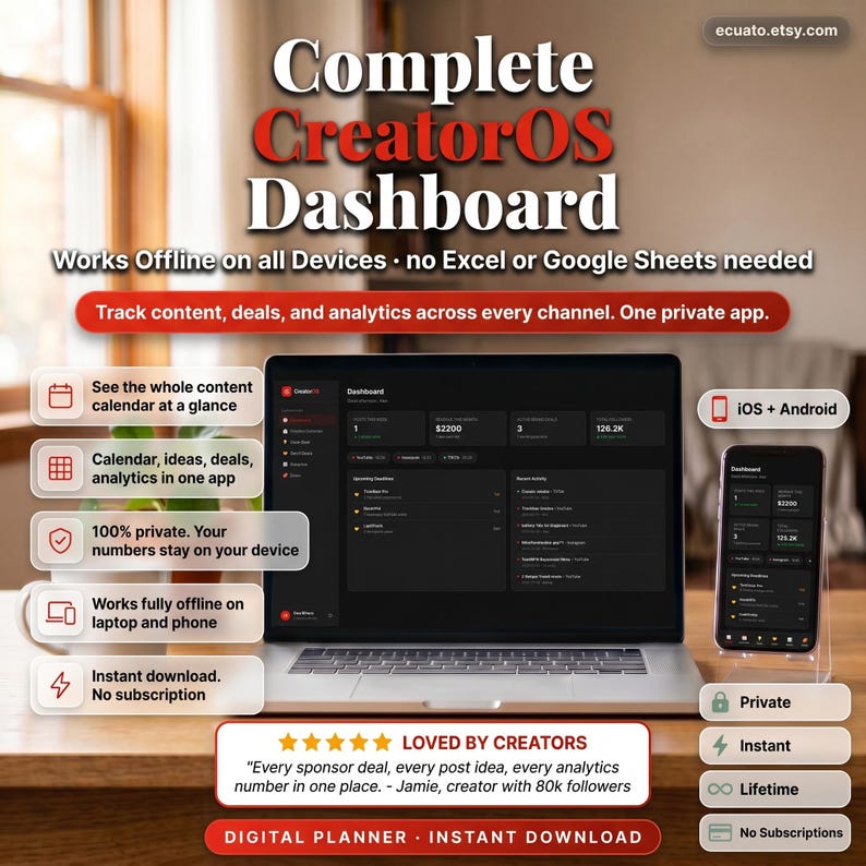 Peut inclure: Un ordinateur portable et un smartphone affichent l'interface "Complete CreatorOS Dashboard". L'image met en &eacute;vidence des fonctionnalit&eacute;s telles que la fonctionnalit&eacute; hors ligne, le calendrier de contenu, l'analyse et le t&eacute;l&eacute;chargement instantan&eacute;. Le texte mentionne &eacute;galement que l'application est priv&eacute;e et fonctionne sur tous les appareils.