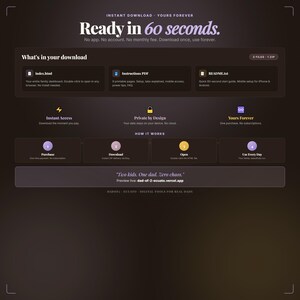 Może przedstawiać: Ekran pobierania produktu cyfrowego z tekstem "Ready in 60 seconds." Ekran zawiera sekcje dotyczące zawartości pobierania, natychmiastowego dostępu i sposobu działania. Schemat kolor&oacute;w to ciemnobrązowy i fioletowy.