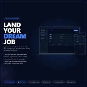 May include: Dark blue graphic promoting a job search tracker. The text "LAND YOUR DREAM JOB" is prominent. A laptop and smartphone display the app interface. Features include application tracking, interview prep, and offline use.