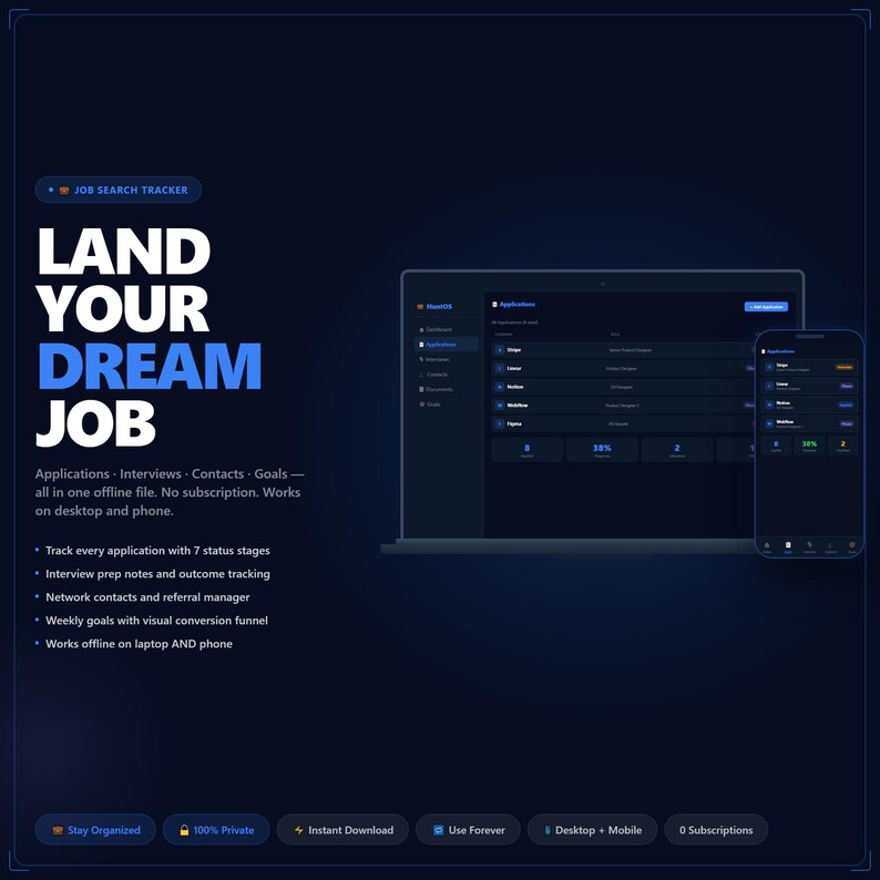May include: Dark blue graphic promoting a job search tracker. The text "LAND YOUR DREAM JOB" is prominent. A laptop and smartphone display the app interface. Features include application tracking, interview prep, and offline use.