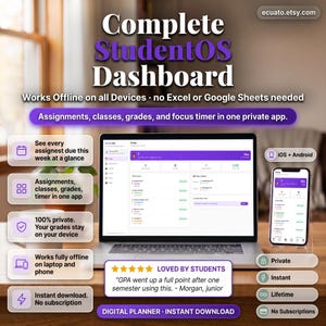 Może przedstawiać: Laptop i smartfon wyświetlają interfejs aplikacji "Complete StudentOS Dashboard". Aplikacja oferuje śledzenie zadań, zarządzanie ocenami i minutnik skupienia. Obraz wyróżnia funkcje takie jak dostęp offline, natychmiastowe pobieranie i prywatność. Tekst zawiera "Loved by Students."