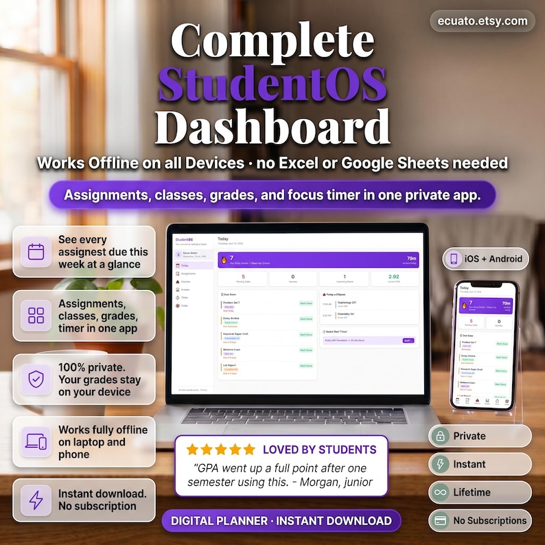 Puede incluir: Un port&aacute;til y un smartphone muestran la interfaz de la aplicaci&oacute;n "Complete StudentOS Dashboard". La aplicaci&oacute;n ofrece seguimiento de tareas, gesti&oacute;n de calificaciones y un temporizador de enfoque. La imagen destaca funciones como acceso sin conexi&oacute;n, descarga instant&aacute;nea y privacidad.