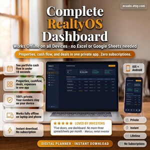 May include: An advertisement for a digital planner, showing a laptop and smartphone displaying a real estate dashboard. The text promotes offline use, private data, and instant download. The product is called "Complete RealtyOS Dashboard".
