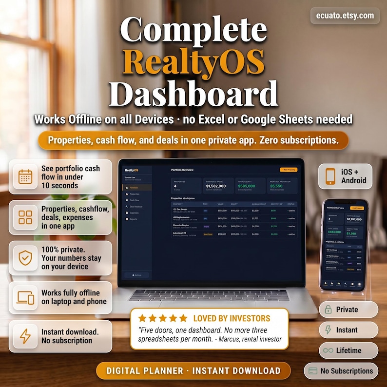 May include: An advertisement for a digital planner, showing a laptop and smartphone displaying a real estate dashboard. The text promotes offline use, private data, and instant download. The product is called "Complete RealtyOS Dashboard".