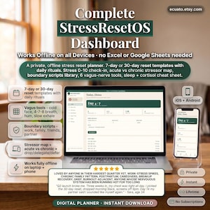 May include: A laptop and smartphone display the Complete StressResetOS Dashboard. The screen shows a digital planner with a 7-day or 30-day reset template, vagus nerve tools, and a stressor map. The text reads "Digital Planner - Instant Download."