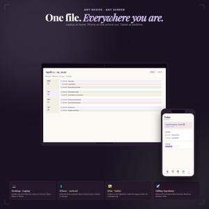 May include: A digital planner displayed on a laptop and smartphone, showing a weekly schedule. The text "One file. Everywhere you are." is at the top. The image also includes the text "April 13-19, 2026".